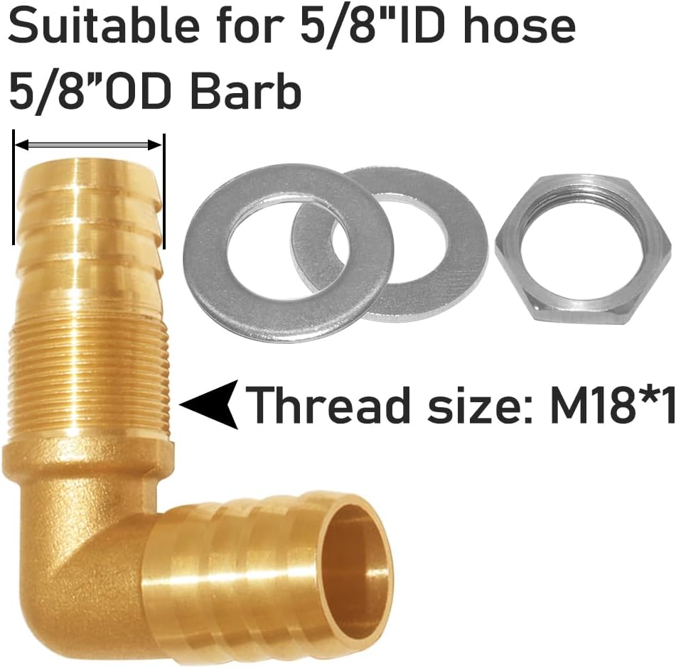 Uenede 2PCS Solid Brass 90°Elbow Barb Bulkhead Fitting 5/8”OD Barb Bulkhead Coupling Tank Connector Hose Pipe Barb Fitting for Water/Oil/Gas