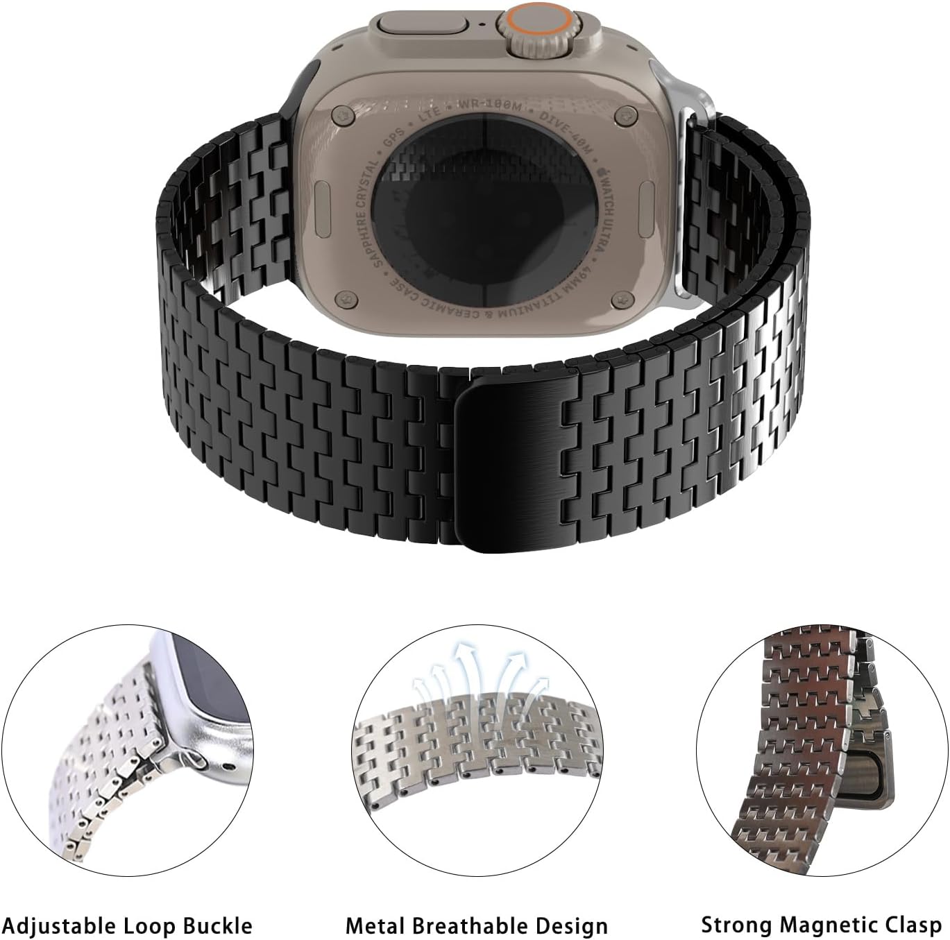 Wide Metal Watch Band Compatible Apple Watch 49 45 44 42 41 40 38mm, Stainless Steel Loop Magnetic Clasp Band for iWatch Ultra SE Series 9 8 7 6 5 4 3 2 1