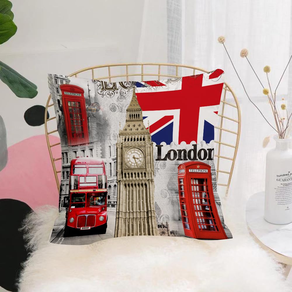 HYOSXW Cushion Cover,Throw Pillow Case Home Decorative for Living Room Bedroom Sofa Chair 16X16 Inch,London England City Landmark Retro Union Telephone Bus Big Ben Flag,Pillowcase 40X40cm
