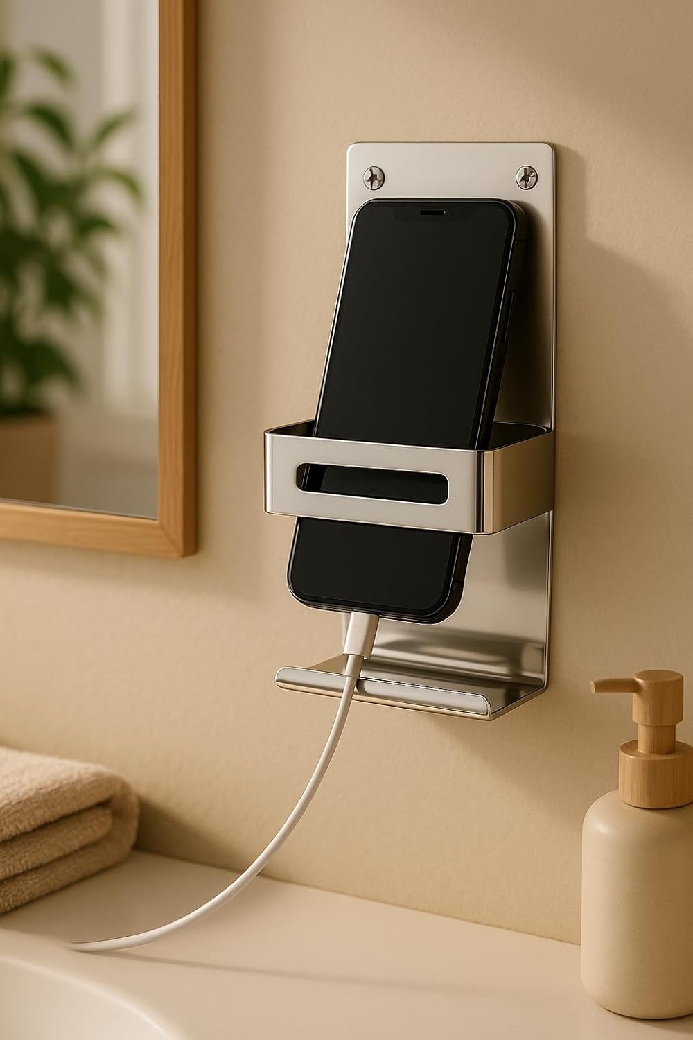 Stainless Steel Wall Mounted Mobile Charging Holder | Universal Phone Stand for Wall with Cable Slot | Durable Space Saving Mobile Storage (12 x 9 x 4 cm) - Pack of 1-image-33