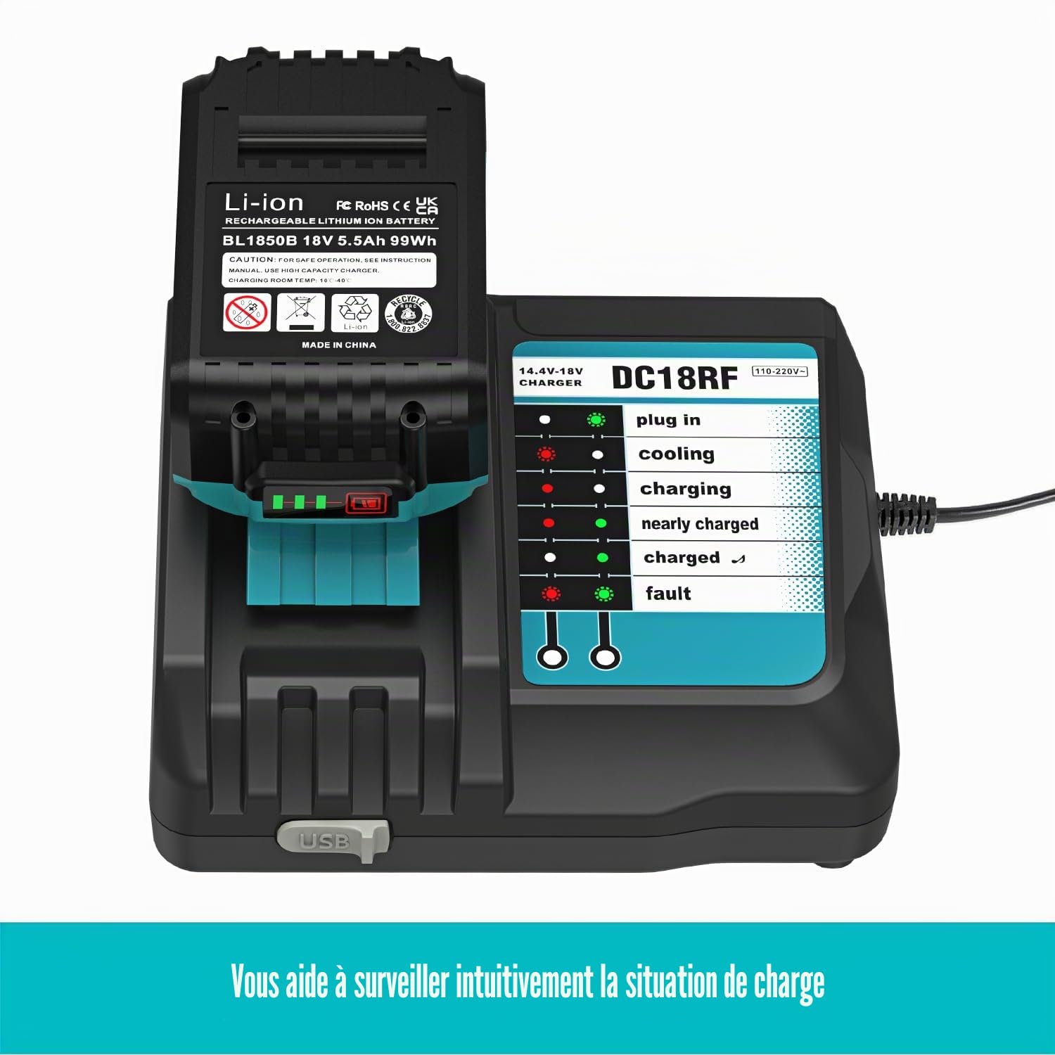 Chargeur DC18RF + 2 pièces de Batteries de Rechange pour Batterie 18 V 5500 Ah Compatible 18 V Li-ION Batterie de Rechange BL1815 BL1830 BL1840 BL1850 BL1860 BL1890 BL1415 BL1430 BL1440