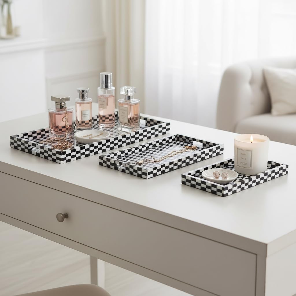 Trays for House, Bed, or Coffee Table Decor - Checkered Trays with Wavy Interiors for Centerpiece Table Decorations - Ideal as Jewelry, Trinket, or Vanity Trays - Set of 3, 2", Black & White