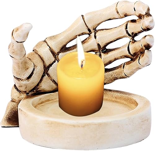 Vista 9 de Decoración de portavelas de Halloween, adorno de candelabro de mano de esqueleto de resina, soporte de vela de Halloween gótico aterrador, White