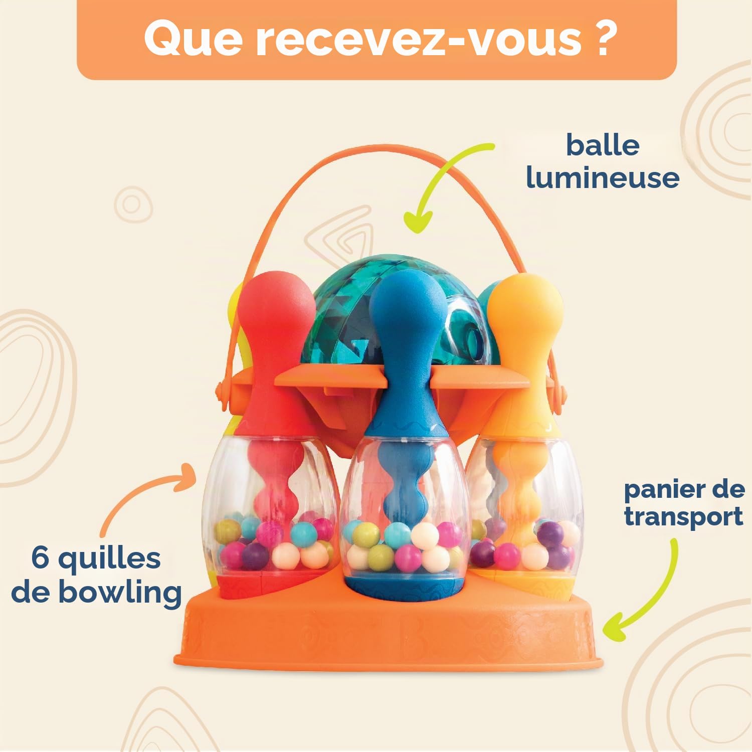 B. toys - Let's Glow Bowling ! - Orange - Jeu de quilles - 6 quilles et 1 Boule Lumineuse - Jeu d'intérieur et d'extérieur - Ensemble de Jeux pour Tout-Petits et Enfants - 2 Ans et +