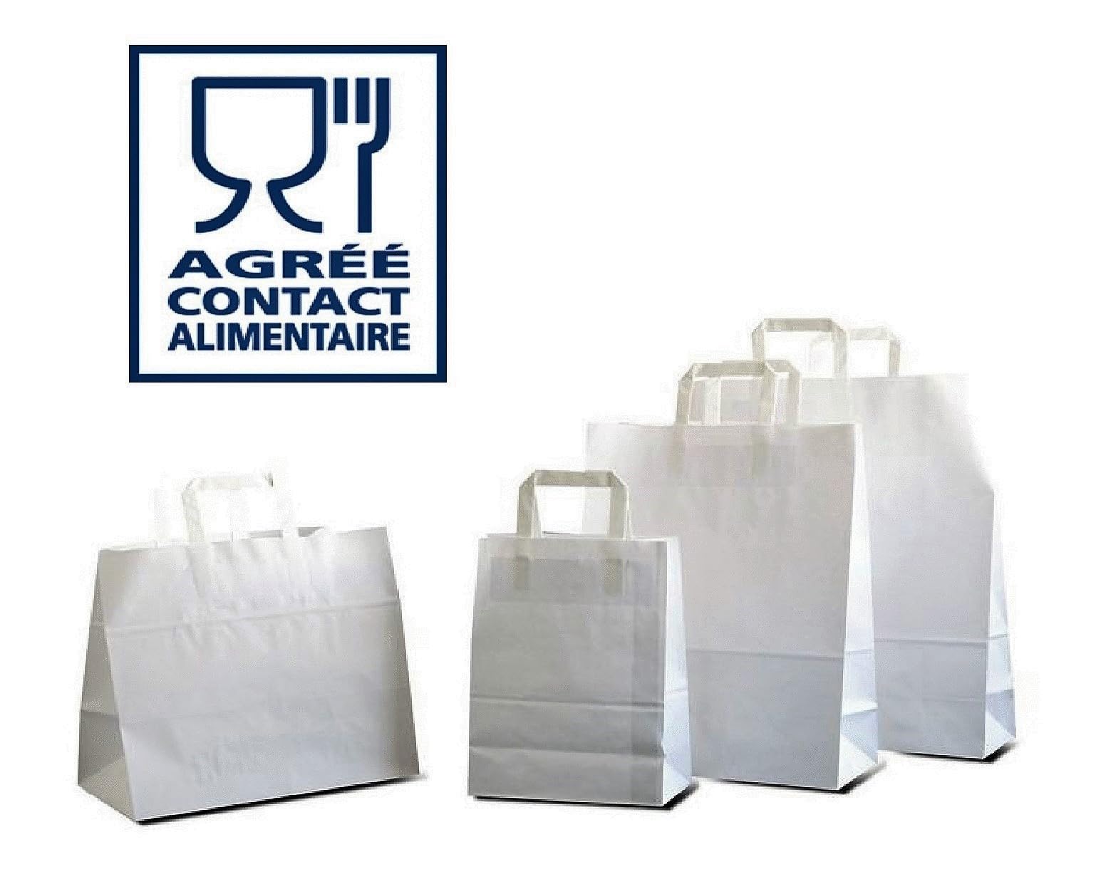 Sac Papier Kraft Blanc Fond Plat 22X10X28 cm | Type Cabas | Poignées Plates et Fond Renforcé | Lot de 100 Sacs | Anti Déchirure | Vente à Emporter - Sac Cadeau
