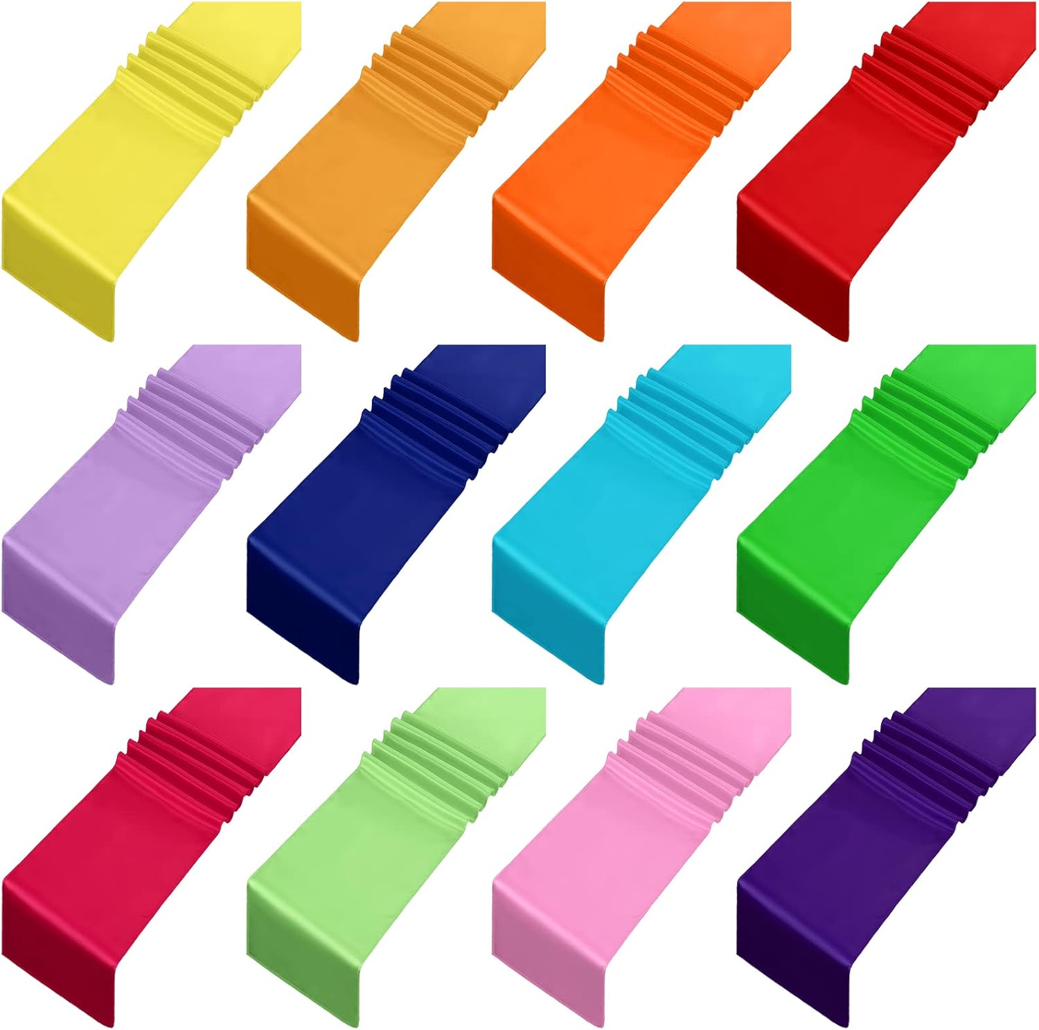 Kinlop Satin Colorful Table Runners 12 x 108 Inch Silk Table Runner for Party Chair Sashes Wedding Banquet Graduations Birthday Reception Decoration, Multi Color(Bright Color, 24 Pcs)