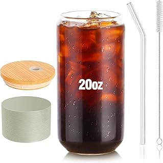 Glass Cups with Lid and Straw 1 Pack,Glass Coffee Cups,Preppy Aesthetic Cup for Smoothie Juice Matcha Beer Glasses,Mason Jar Cup, 20oz Glass Tumbler with Bamboo Lid,1 Brush-Avocado