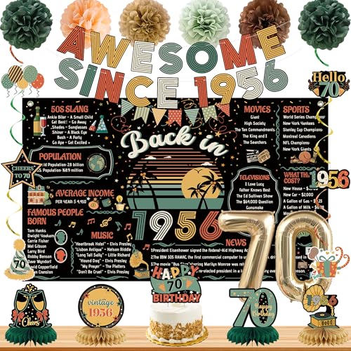 Roetyce 70th Birthday Decorations Men Women Colorful Vintage Back in 1956 Poster Cheers To 70 Years Banner Balloons Hanging Swirls Cake Topper Black Awesome Since 1956 Photo Backdrop Background
