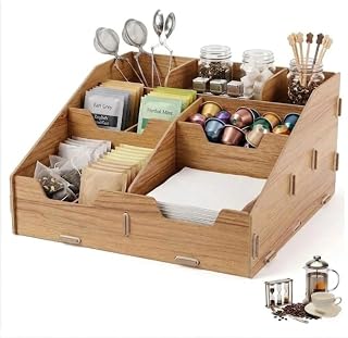 Coffee Organiser Coffee Bar Accessories 7 Compartments Wooden Coffee Organiser Multifunctional Organizer with Removable Shelves for Kitchen Countertops Office Coffee Shop