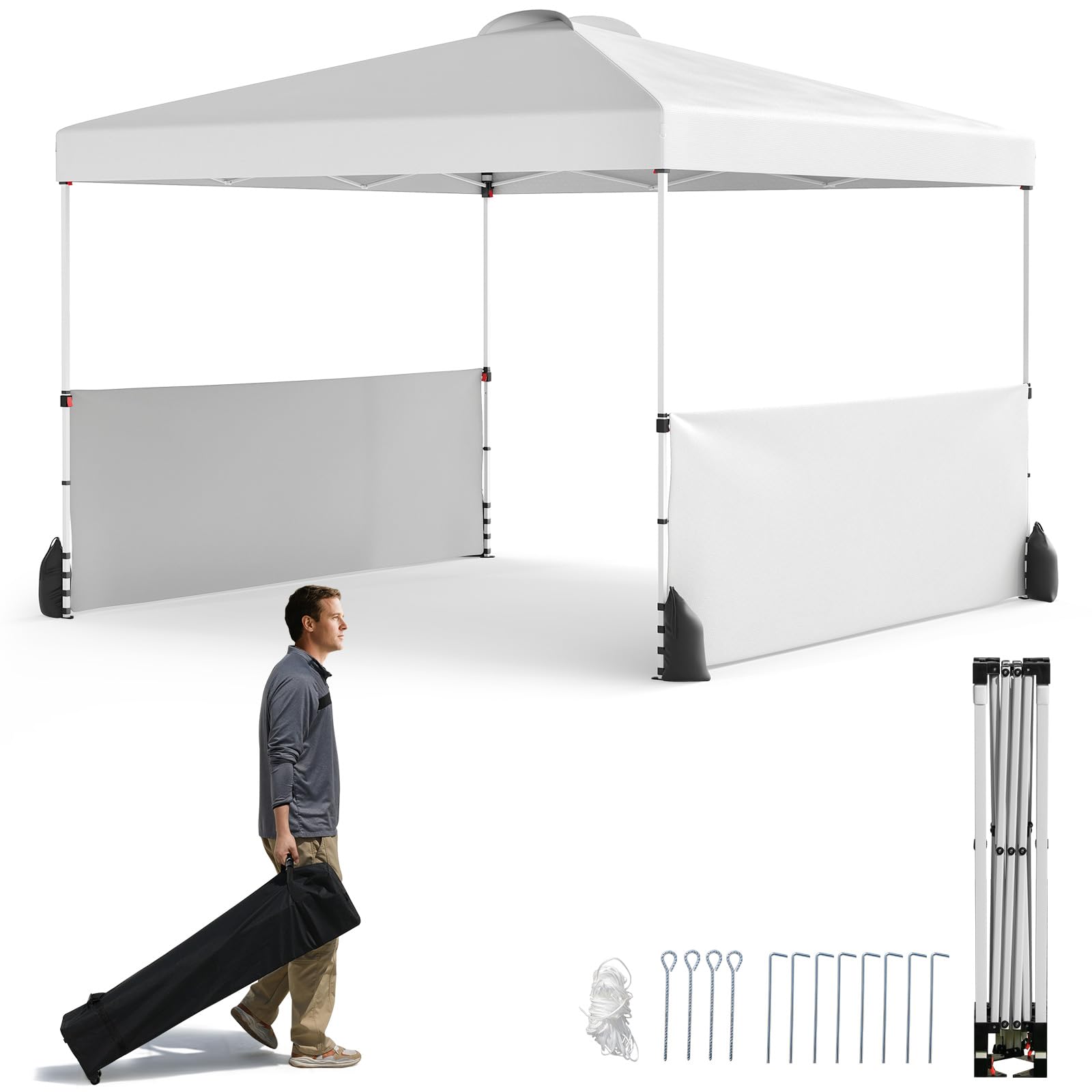 COSTWAY 3m x 3m Pop up Gazebo, Garden Canopy Tent Instant Shelter with Wheeled Bag, Vented Top, 4 Sandbags, Stakes & Wind Ropes, Portable Outdoor Beach Party Event Tent (White, with 2 Half Sidewalls)