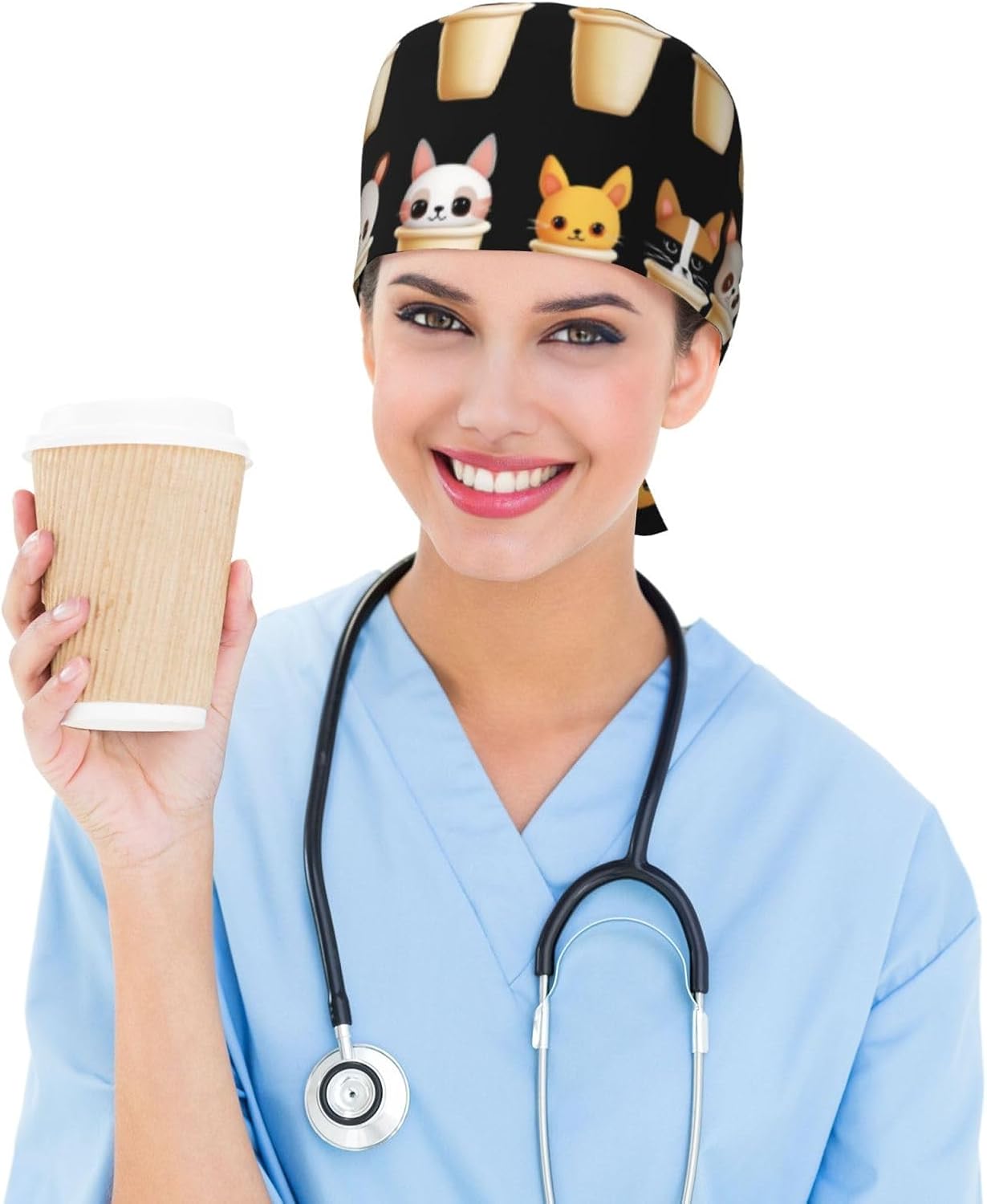 Breathable Work Hat Cute Cartoon Water Cup Pattern Adjustable Comfortable Chef Hat for Women & Men Black