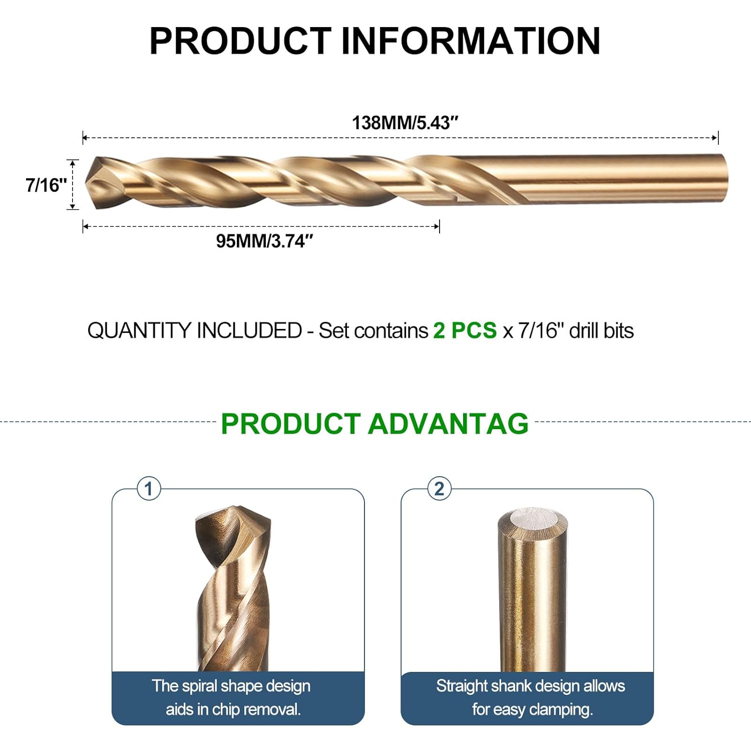 METALLIXITY Drill Bit (7/16") 2Pcs, 4241 High-Speed Steel Straight Shank Gold Finish 135° for Wood Plastic Iron Copper Aluminum Low Soft Metal
