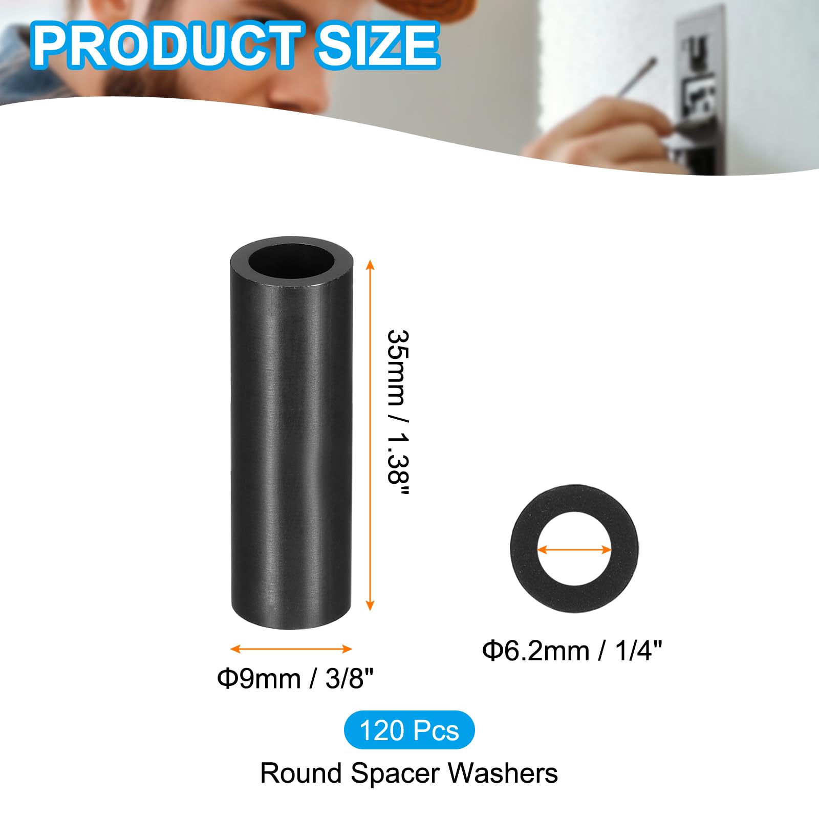 PATIKIL 120Pcs M4 ABS Spacers M6 x 9mm OD x 35mm L Plastic Round Spacer Washers Black Standoff Nut Unthreaded for Screws Bolts Electrical Outlet - Image 2
