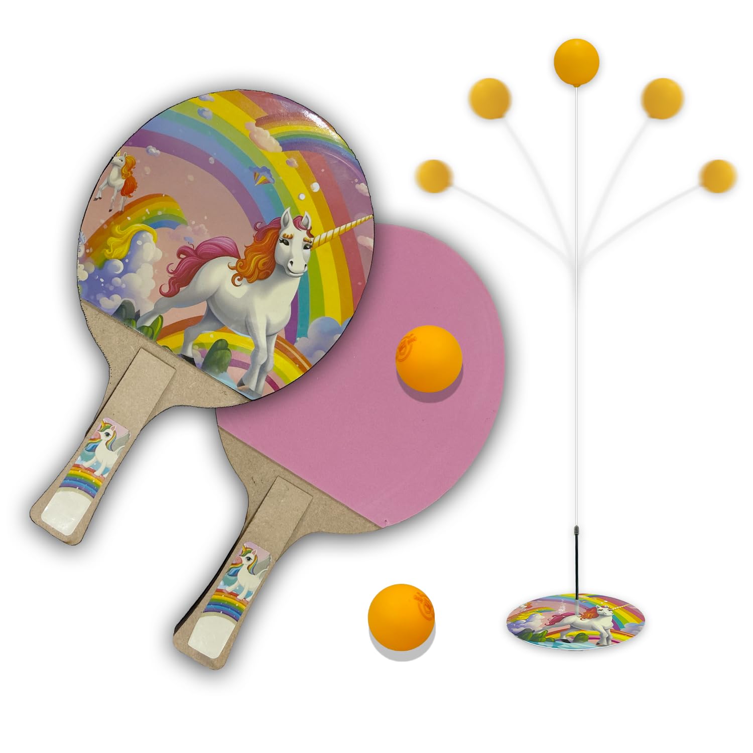 Cable World Plastic Table Tennis Trainer Set Elastic Shaft Pong Balls Paddles Set Practice Decompression Sports Training Kit for Adults Kids and Cat Teaser, 2 Ping Balls Unicorn Design, Multicolour