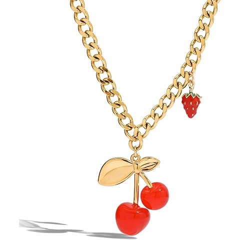 MUYAN 14K Gold Plated Summer Cheery Charm Necklace for Women Strawberry Holiday Boho Jewelry