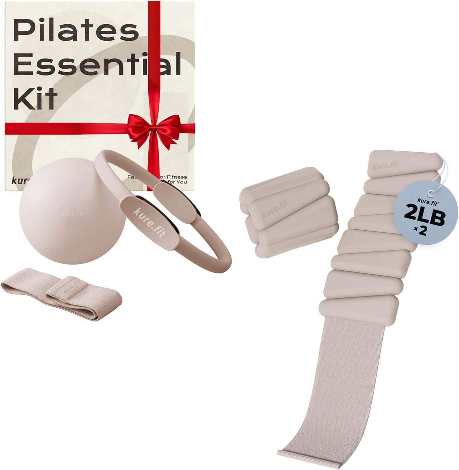 Beige Pilates Kit Bundle and Beige Adjustable Wrist and Ankle Weights 2lb Each Set of 2