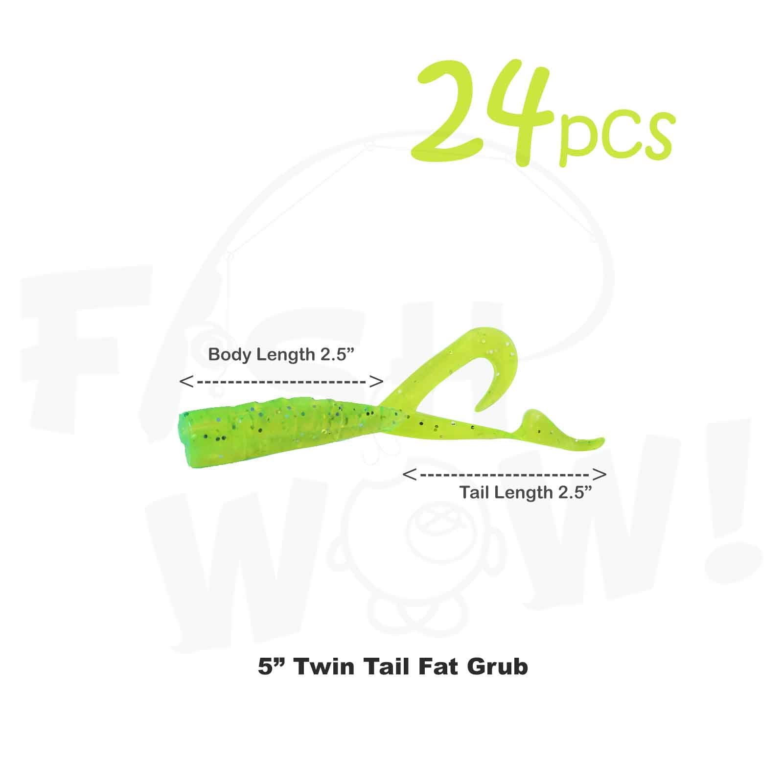24pcs Fish WOW! Extended Size 5 inch Twin Tail Perch Grub 4" Scampi Soft Lure - Chartreuse Green
