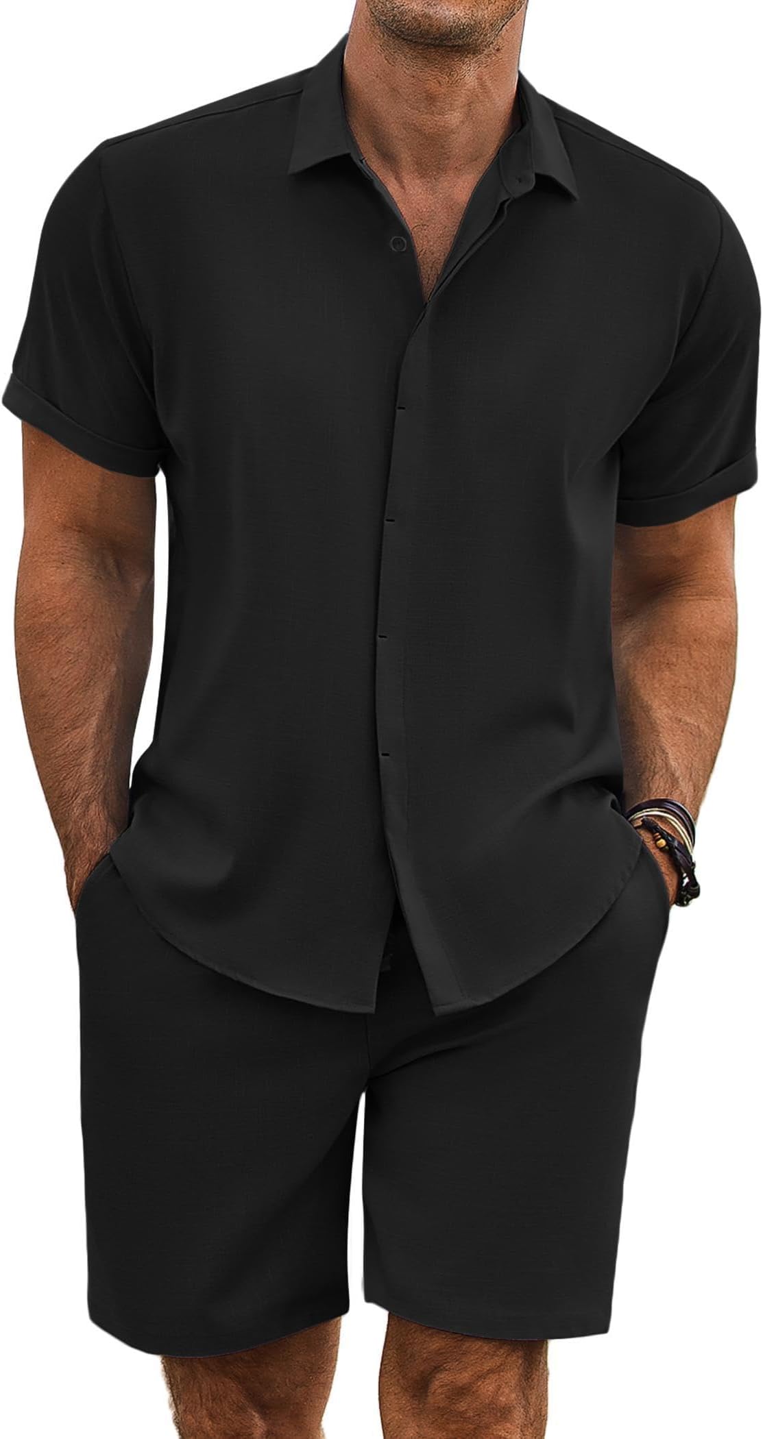 Men's Summer Beach Outfits 2 Piece Short Sleeve Shirts and Shorts Vacation Texture Linen Sets for Men