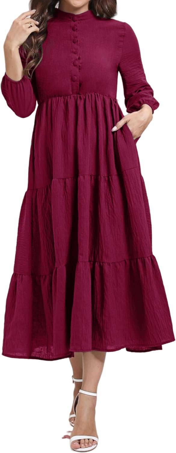 Women's Fall Button Down Casual Tiered Ankle Length 3/4 Sleeve Elastic A-Line Flowy Formal Dress with Pockets - Image 5