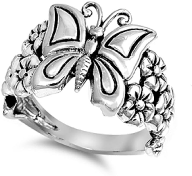 CloseoutWarehouse 925 Sterling Silver Butterfly Flower Forever Ring (Sizes 4-15)