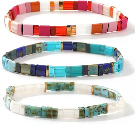 Tila Flat Square Boho 3Pcs Stack Beaded Bracelets Set for Women Men, Romantic Handmade Colorful Stretch Accessories Purple Jewelry, Daily Party Holiday Friendship Gift