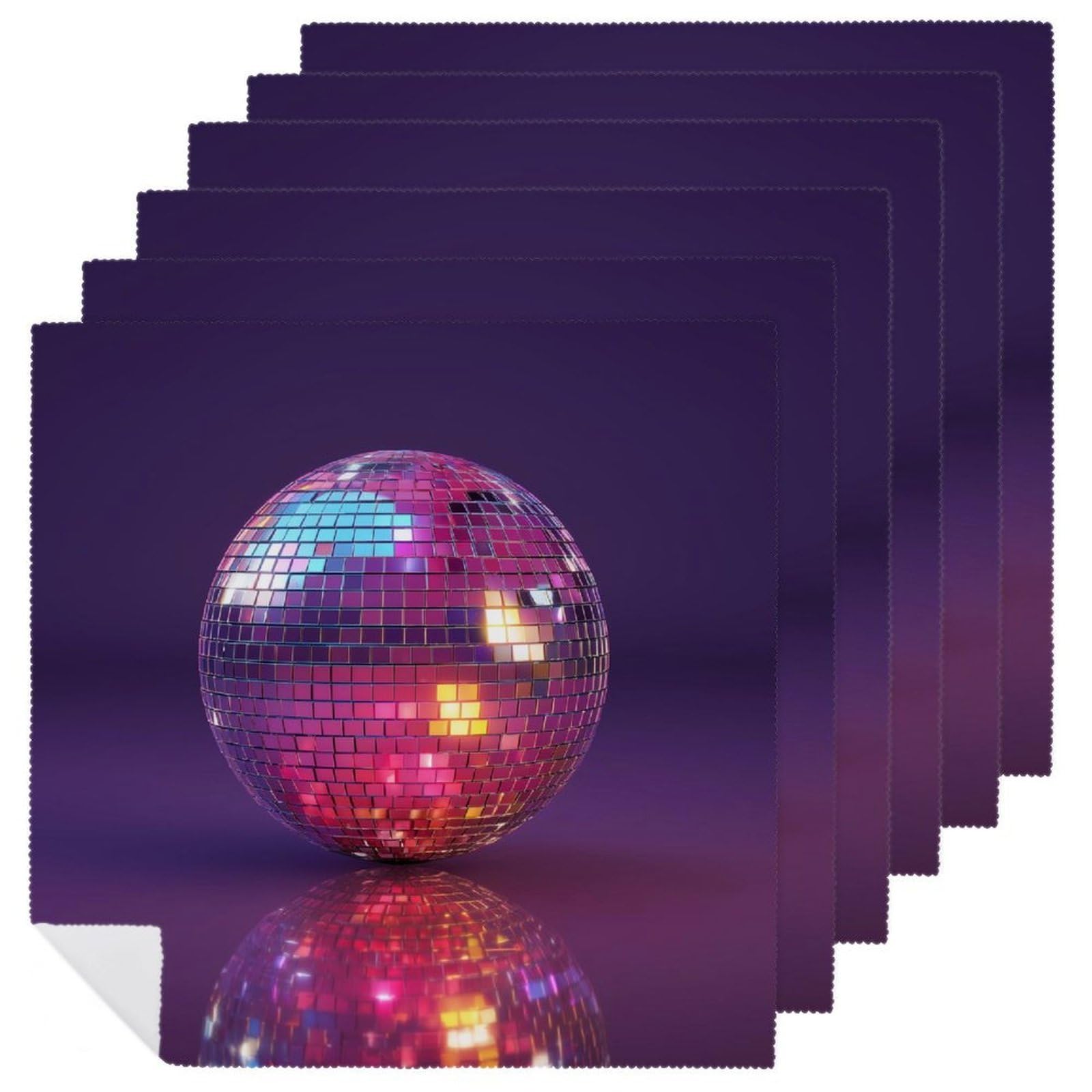 Mirrored Disco Ball on Dark Purple Cloth Napkins Set of 6, Square Premium Reusable Washable Polyester Table Linen Napkin for Dinner Party