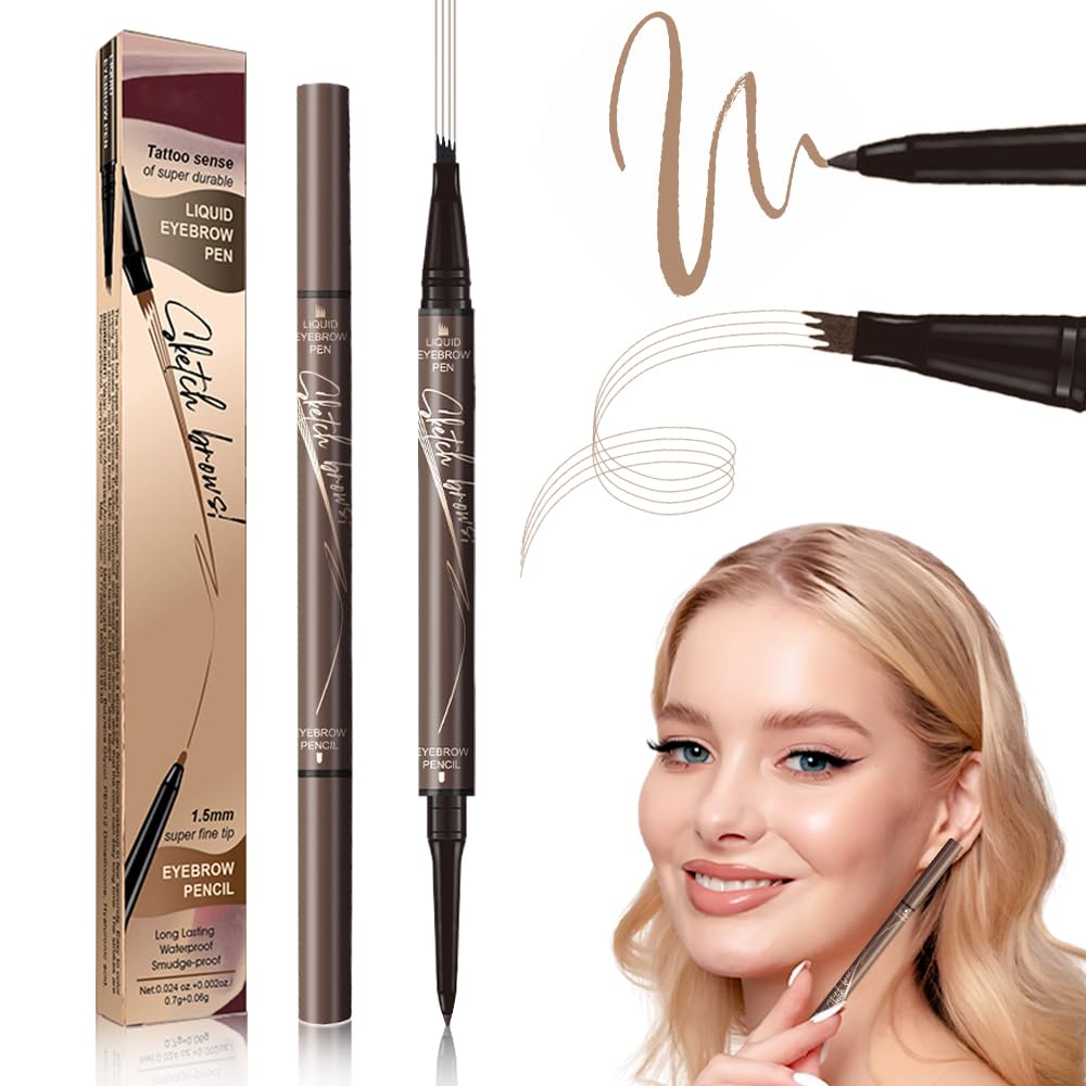 4-Tip Microblading Eyebrow Pen, 2025 New Magic Waterproof 2 in1 Dual Brow Pencil with Hair-Like Strokes for Natural Definition, Fine 1.5mm Tip, Long-Lasting Smudge-Proof Formula for Women (Chestnut)