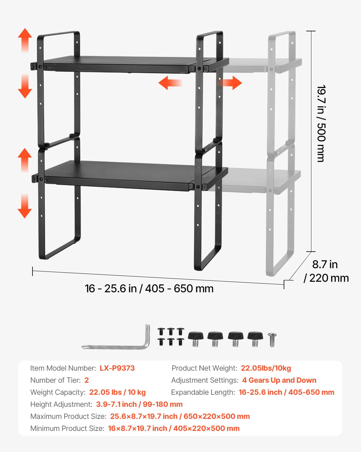 VEVOR Organizzatore per Ripiani Regolabili per Mobili, Ripiano Espandibile a 2 Livelli di Stoccaggio per Dispensa, Organizzatore Impilabili da Banco per Cucina, Bagno, Nero 650x220x500 mm