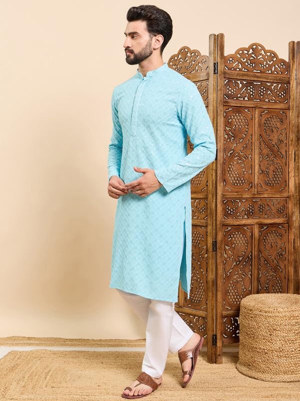 Image of Men's Viscose Rayon Solid Embroidered Long Straight Kurta | Men's Kurta | Embroidered Chikankari Kurta for Men | Straight Fit Kurta for Men