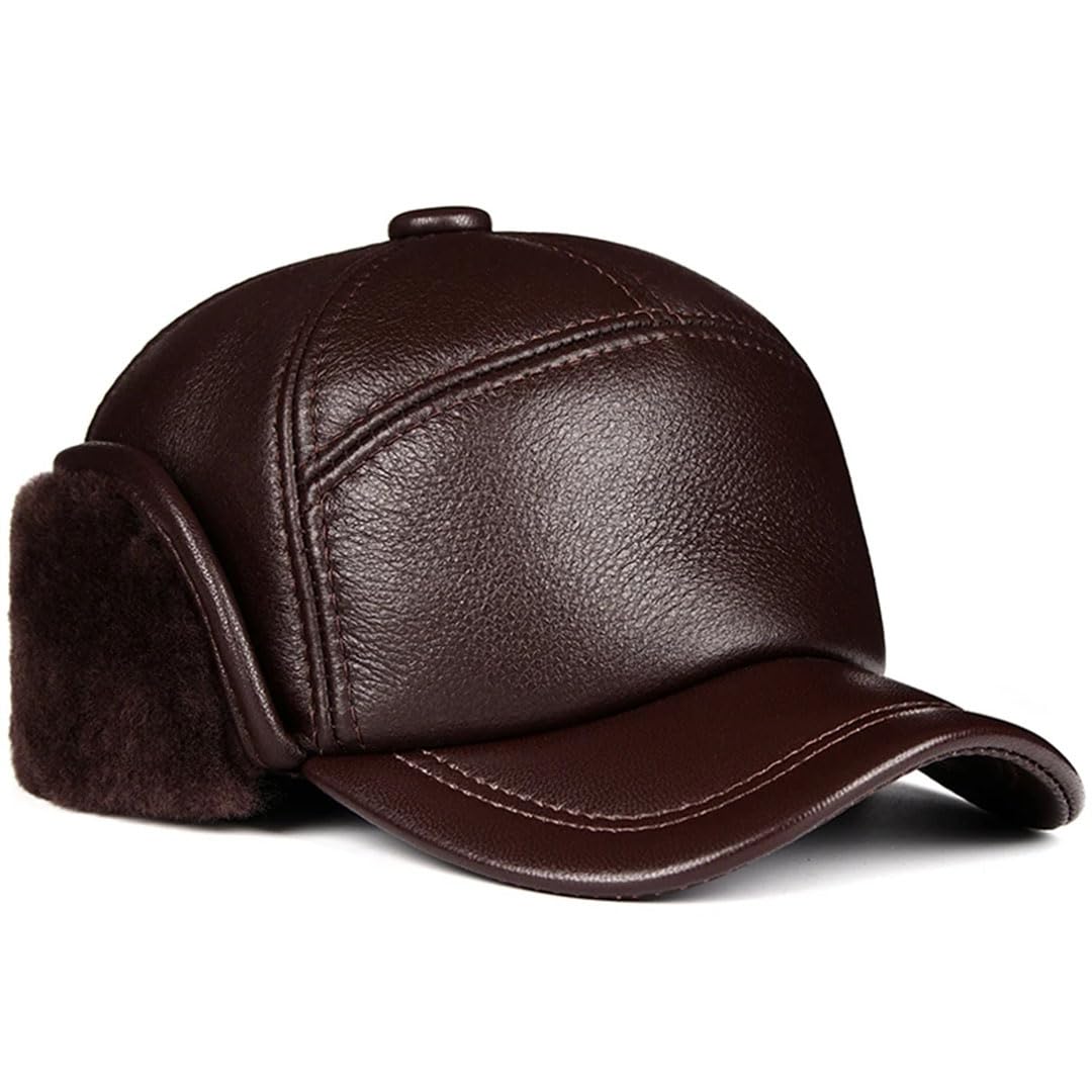 Gorro de invierno para hombre, piel de oveja auténtica, con solapa para las orejas, color negro, cálido y grueso, marrón, 55-56 cm