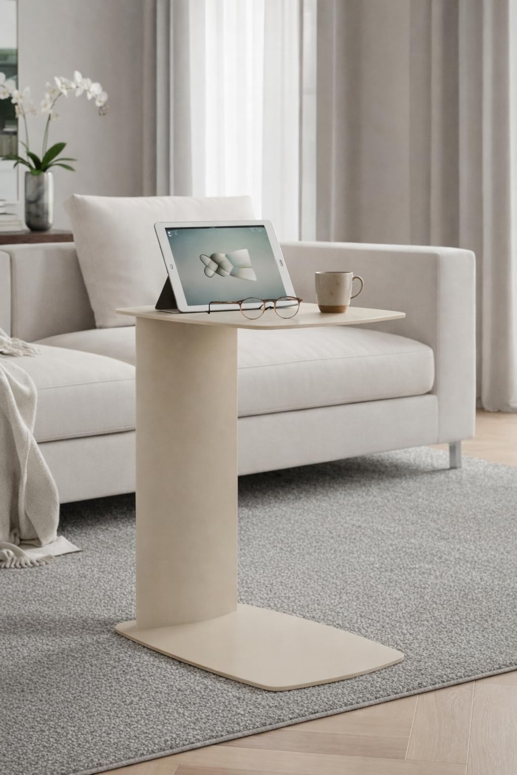 Beistelltisch Metall C-Form, pulverbeschichtet & wetterfest – Sofa Couch Tisch für Wohnzimmer, Balkon & Terrasse – Standby (Champagne Beige)