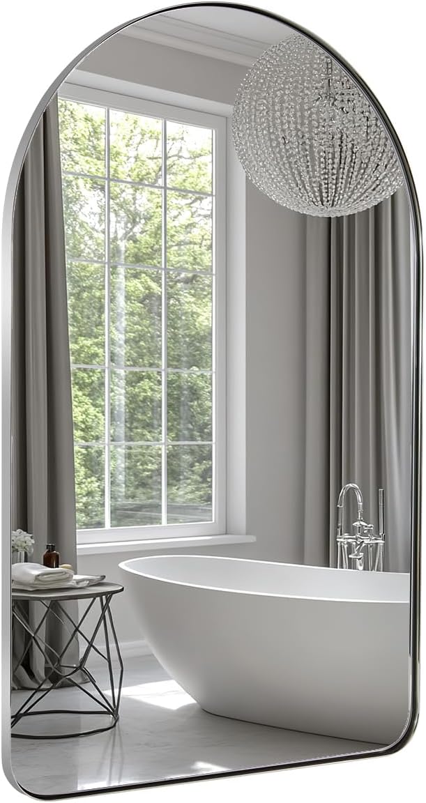ANDY STAR Chrome Bathroom Mirror, 20" x 30" Arch Mirror in Stainless Steel Metal Frame, Chrome Arched Bathroom Mirror for Wall, Arch Top Rounded Corner 1" Deep Set Design Wall Mount Hangs Vertical Chrome 30"L x 20"W