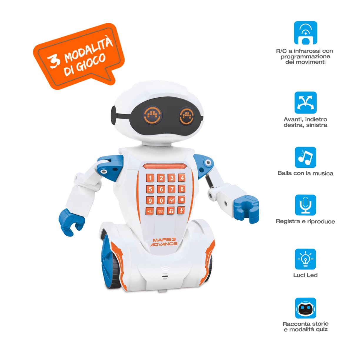 ODS - Radiocom Mars 3 Advance, Robot Radiocomandato ad Infrarossi, Funzione Movimento, Registrazione Vocale, Altezza 22,5 cm, Età Consigliata +6 Anni