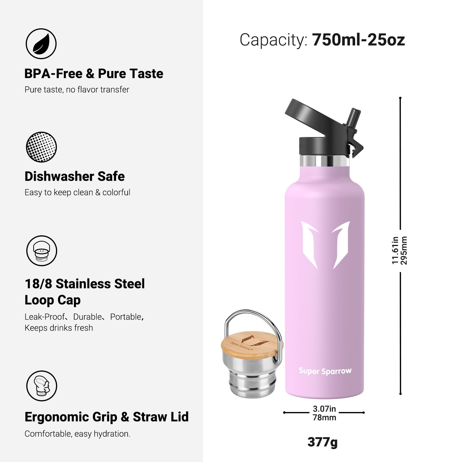 Super Sparrow Borraccia Termica - Bottiglia Termica Senza Perdite - 350ml/500ml/620ml/750ml/1L - Senza BPA Borracce Bambini - Per Scuola, Sport, Campeggio, Palestra, Ciclismo - Con 2 Tappi