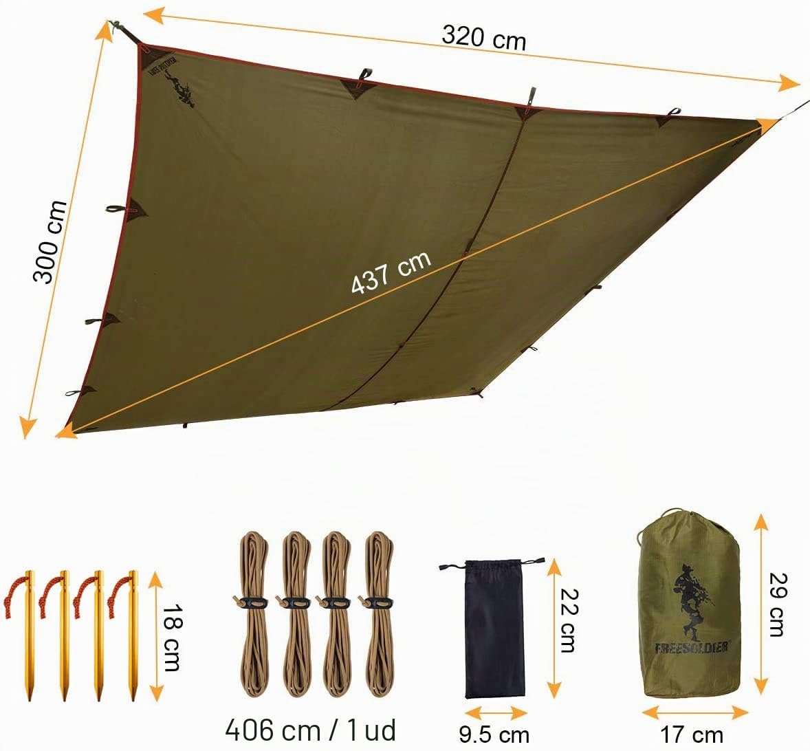 Free Soldier Toldo de Acampada y Deportes al Aire Libre Impermeable Portable Multifuncional para Viajar Tienda de campaña Toldo Refugio Parasol Toldo （Marrón con uñas）