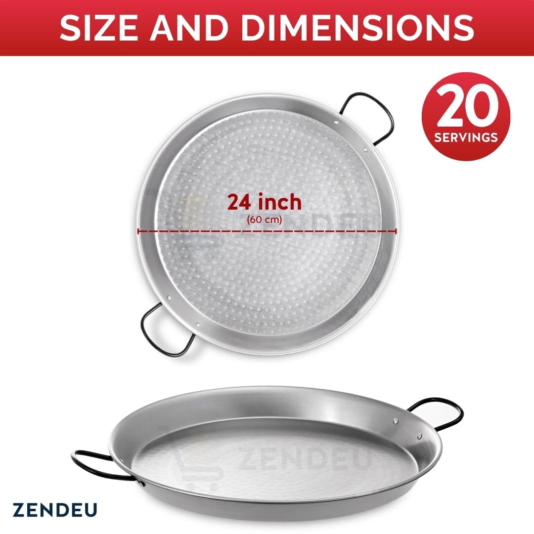 Paellera 24" - Paellera Acero Carbono, Hecho en España - Fácil Limpieza - Acero Pulido, 24" - 60 cm (20 Raciones) Cocine su propia Paella Española