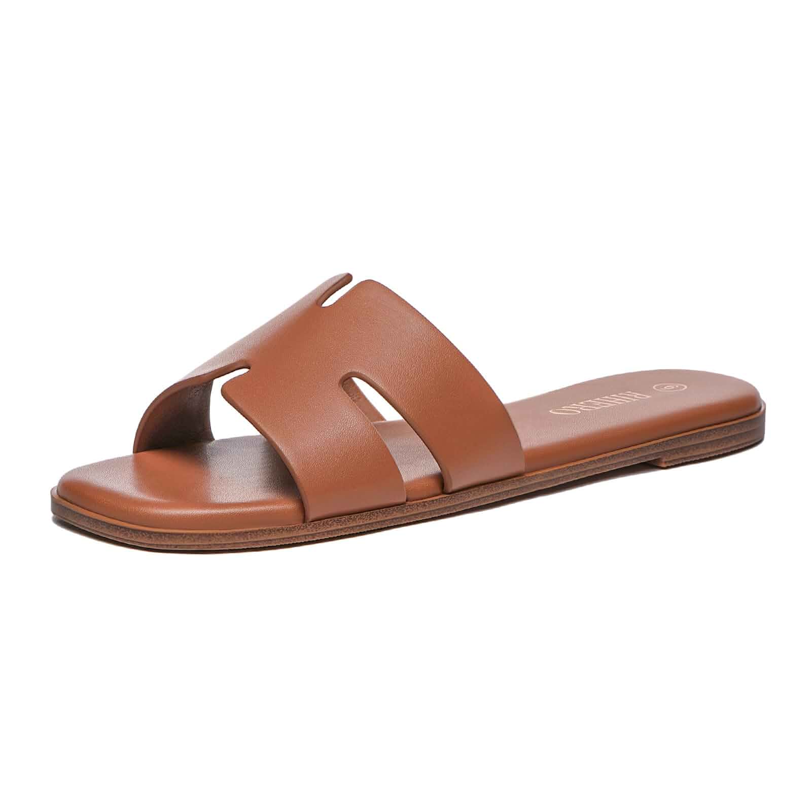 Rihero Flat Sandals Women Dressy Comfortable Slip On Leather Slide Sandals PU / Raffia Clear Knit Upper, Square Toe, Cushioned Footbed, Casual Slides, Vacation, Travel, Work, Everyday Summer Sandals