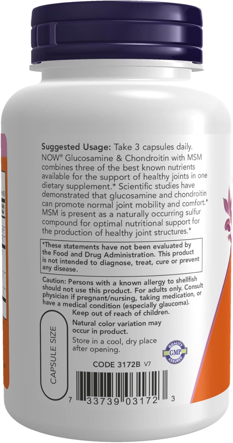 NOW Supplements, Glucosamine & Chondroitin with MSM, Joint Health, Mobility and Comfort*, 180 Veg Capsules : Health & Household
