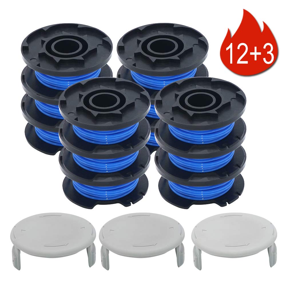 prime&swiftReplacement String Trimmer Spool fit for Ryobi One+ 18V 24V 40V,with 11ft 0.065" Auto Feed Cordless Weed Eater Spools Single Line 29252 and 522994001 Cap Covers (12 Spools+3 Cap)
