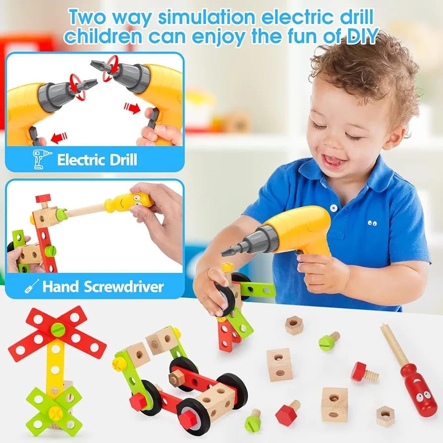 Image of 46 Pcs Wooden Tool Set for Kids with Electric Drill & Storage Case | Montessori Educational DIY Construction Toy for 3+ Year Old Boys & Girls | Fine Motor Skills & Sensory Learning Kit