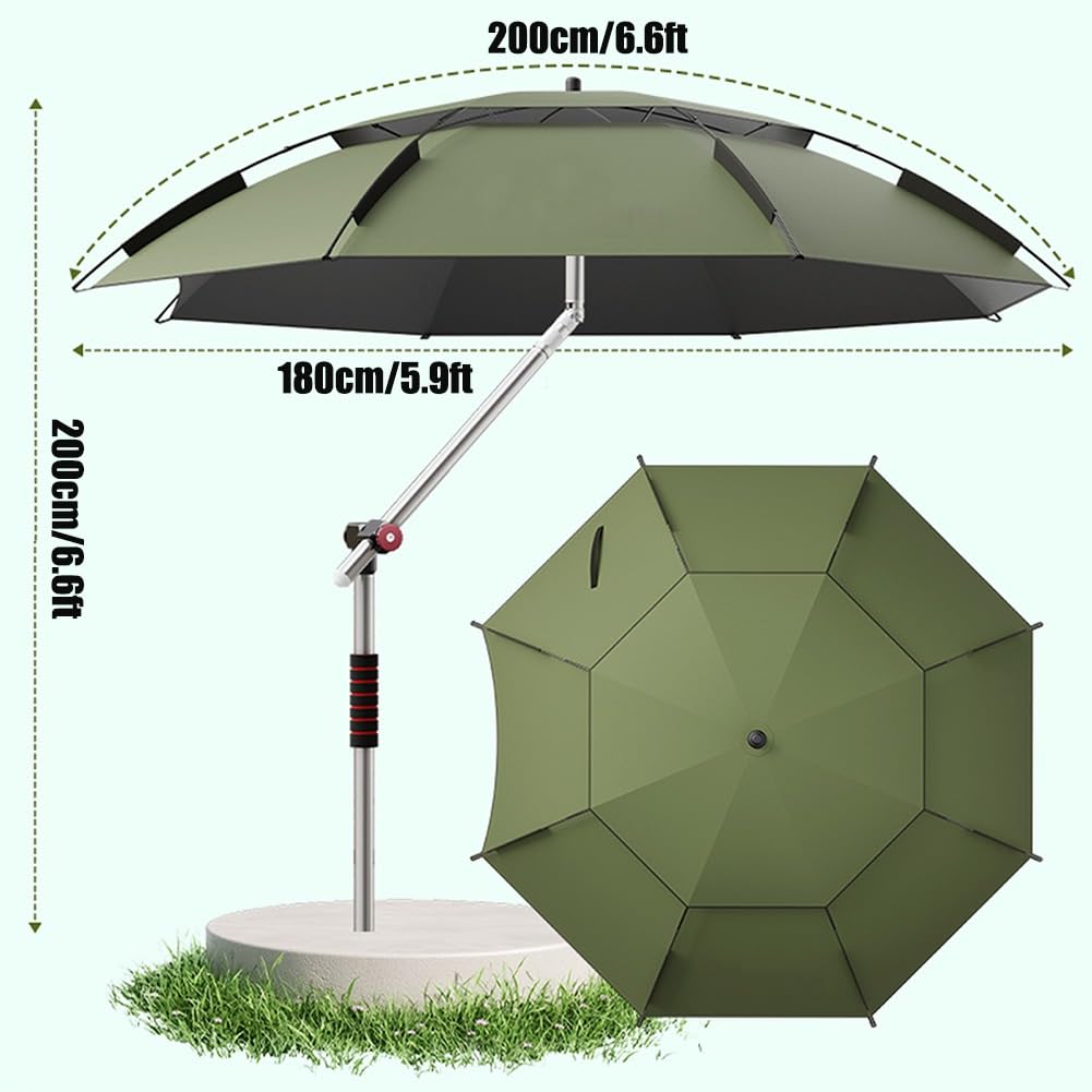 2 Daszkami Parasol Wędkarski z Wentylacją, 220 cm Przenośny Kempingowy Parasol Plażowy Pochylany Składany