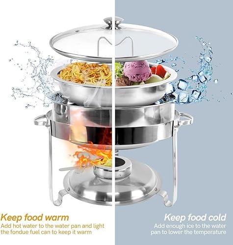 Miniatura 7 de Juego de 2 platos para bufé, platos redondos de acero inoxidable de 4 cuartos de galón para bufé, calentadores de alimentos con tapa de vidrio y