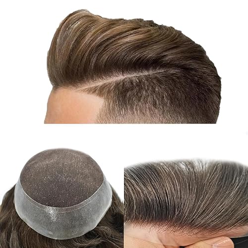 Toupee - Sistema de cabello humano para hombres, postizo de encaje suizo para hombres, PU alrededor de sistemas de reemplazo de cabello para
