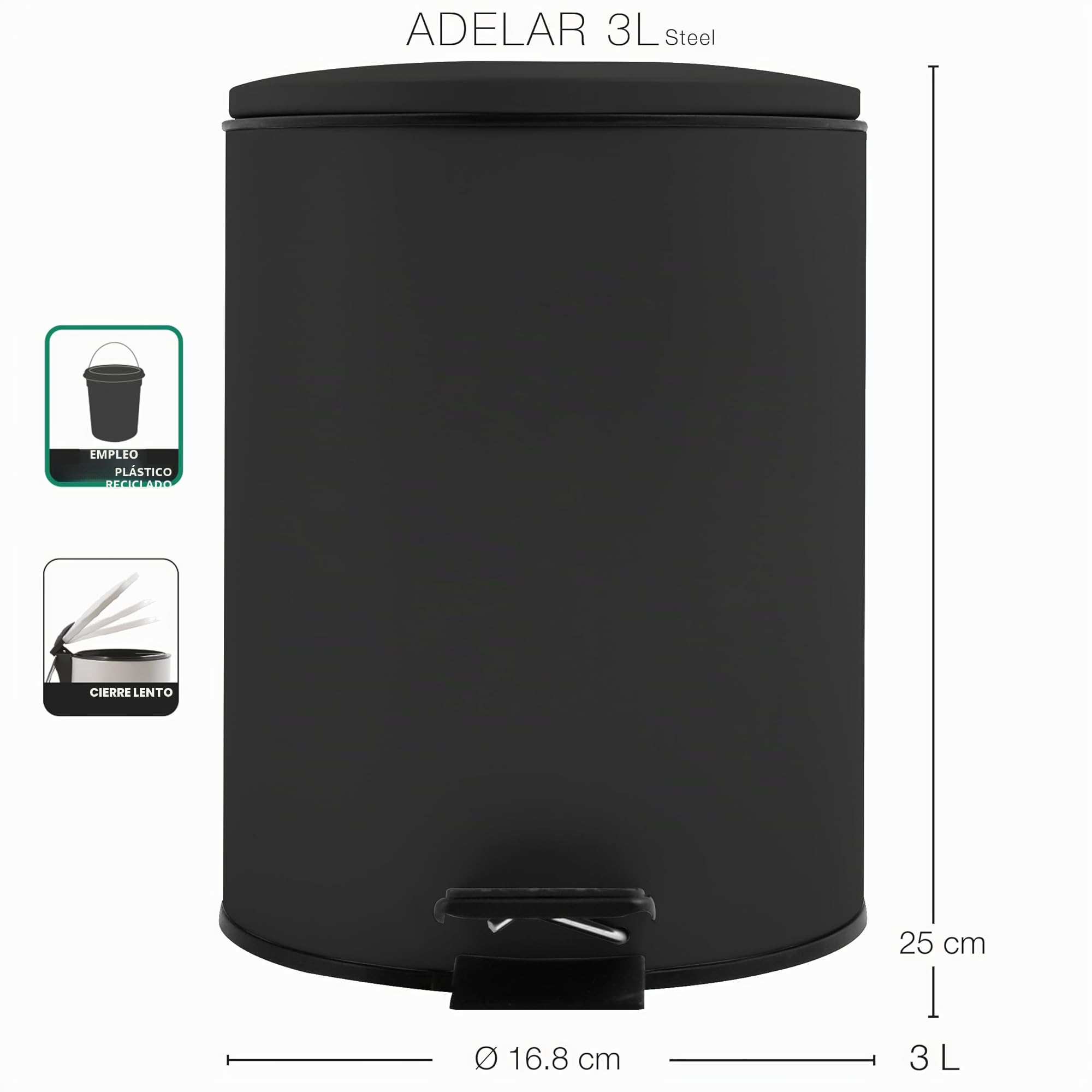 Spirella - Papelera de pedal Adelar - Acero mate - Cierre lento y silencioso - Revestimiento antihuellas - Diseño moderno y elegante - Negro mate - 3 L