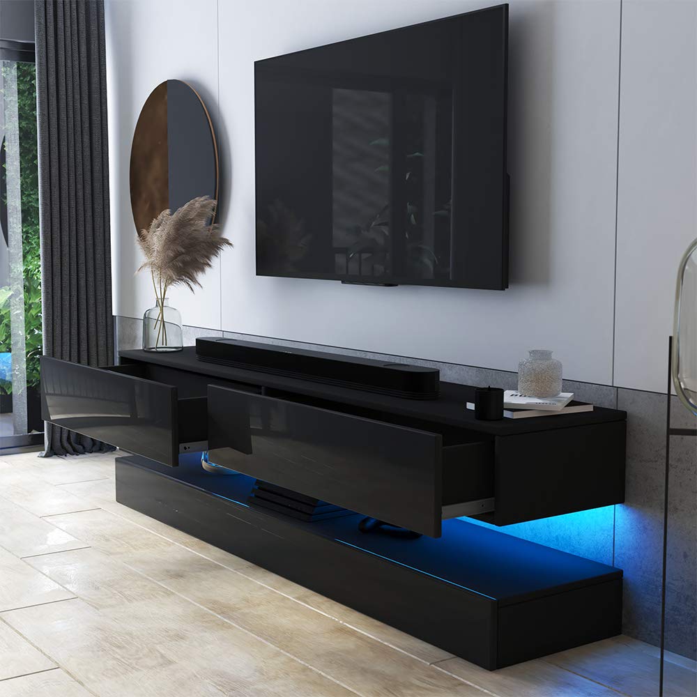 Selsey Bianko - Meuble TV/Banc TV 140 cm (sans LED, Noyer Caravaggio/Noir Brillant