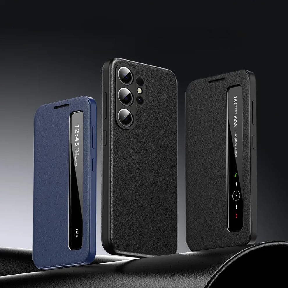 Image of MILLION CASES Intelligent View Side Window Flip Case for Samsung Galaxy S24 Ultra - Leather | Midnight Black | 360 Protection | Ultra Slim Lightweight
