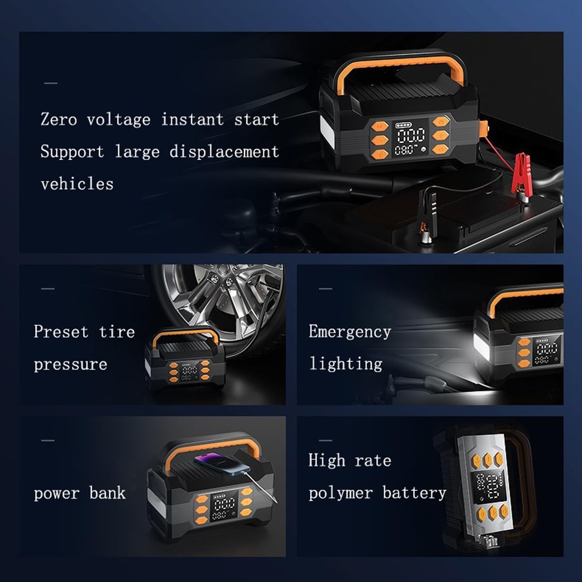 Paquete EnergíA Arranque con Compresor Aire, 150 PSI 10000 mAh 5 en 1 Banco EnergíA Arranque Emergencia AutomóVil (para AutomóVil 12 V 8,0 L Gasolina/7,0 L DiéSel) con Linterna LED(Black)