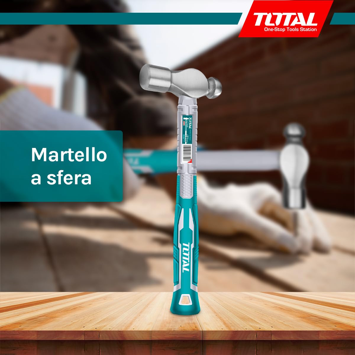 TOTAL - Martello a Sfera - Testa in Acciaio Forgiato - Manico Ergonomico in Fibra - Utensile Meccanico - Ideale per Colpi Precisi - 450 gr