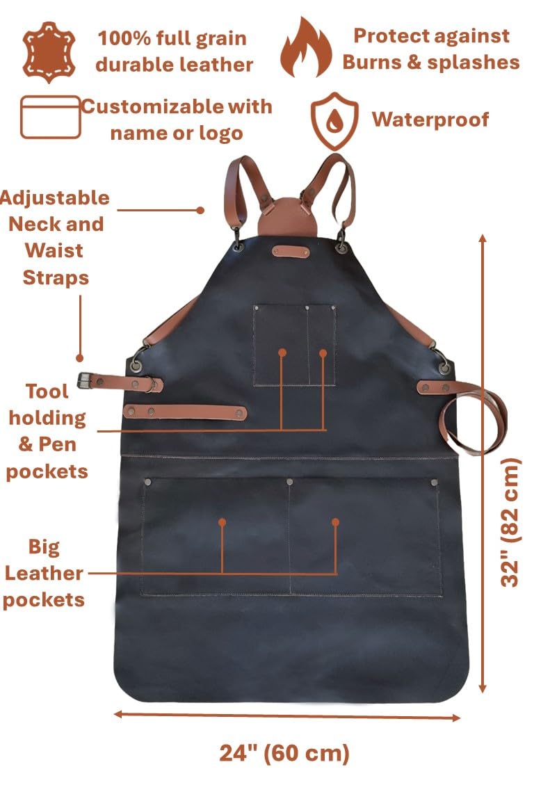 Grembiule in pelle personalizzabile di alta qualità, perfetto per grigliare, barbecue, barista, lavorazione del legno e chef, regalo per papà e marito