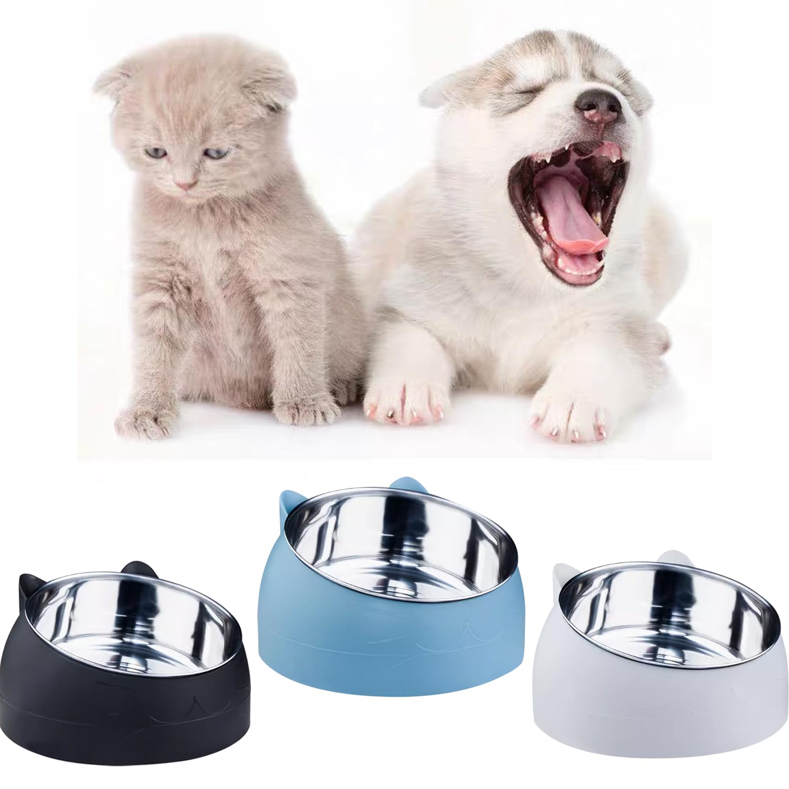 Ciotola per Gatti e Cani in Acciaio Inox - Set di 3 Ciotole Rialzate Inclinate di 15°, 400 ml, Rimovibili per Alimentazione e Acqua